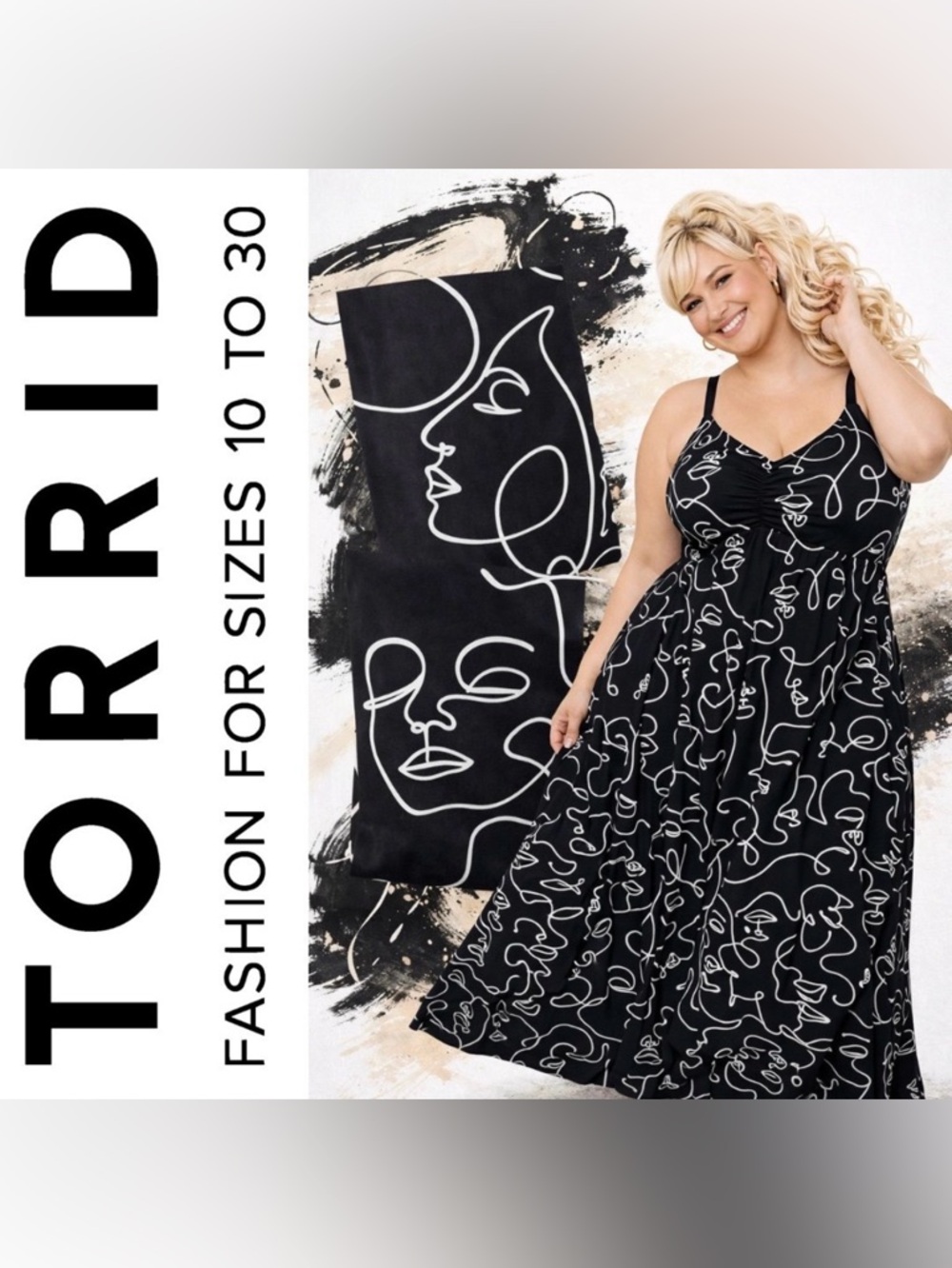 Torrid Black & White Abstract Faces Print Cinch-Front Maxi Dress, Large, NWT!